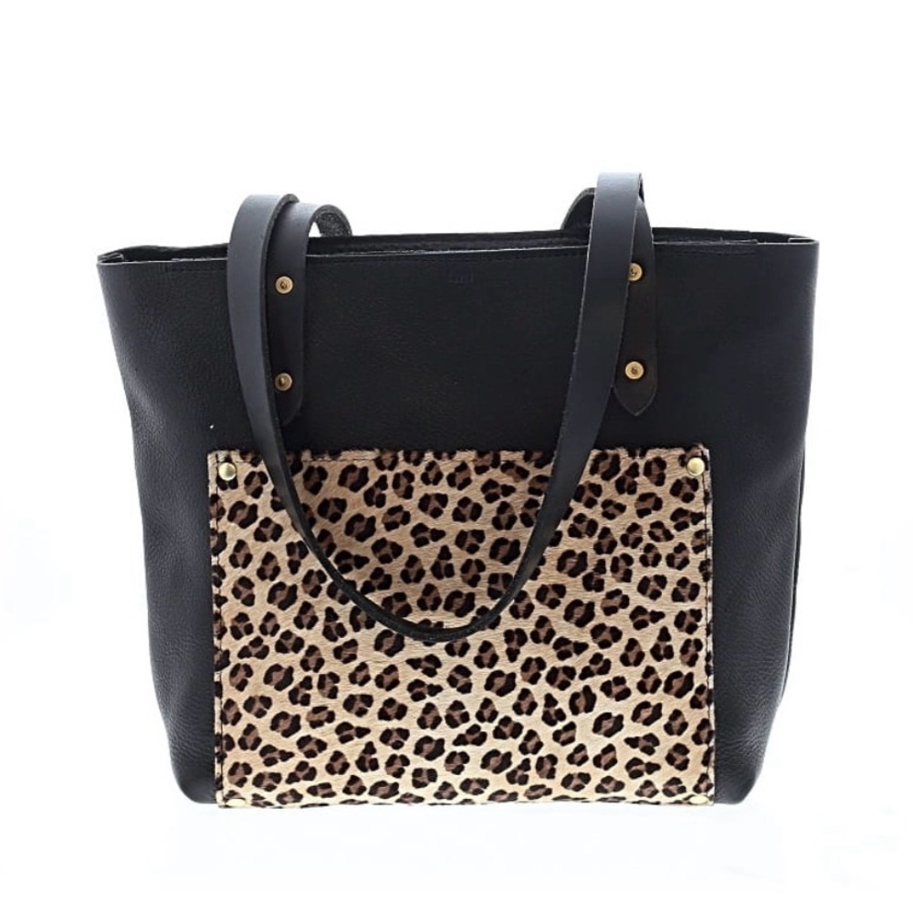 Black Pebbled Leather Tote Bag with Leopard Front Pocket - Women's Handbag